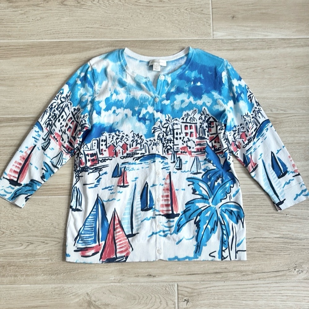 Christopher & Banks Blue and White Scenic Cardigan